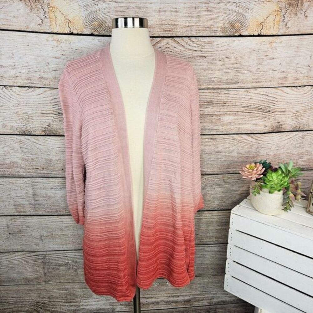 Chico's Ombre Pink Coral Ribbed Open Front Cardigan Sweater Size L